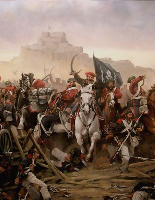 <b>1)</b> Pintura de Ferrer-Dalmau: El general Cabrera al frente las tropas carlistas.