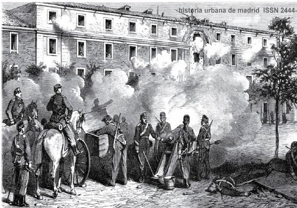 <b>1)</b> Grabado sobre el ataque y defensa de los artilleros del 22 de junio de 1866, en el cuartel de San Gil.