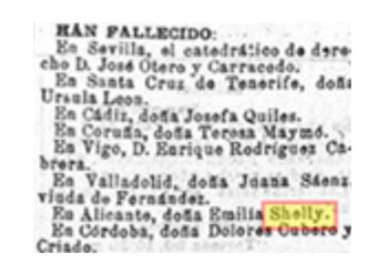 Nota de prensa, de 1894, en la que se nombra a una persona de nombre Emilia Shelly, fallecida en Alicante, desconociéndose si se trata o no de Emilia Shelly Calpena.