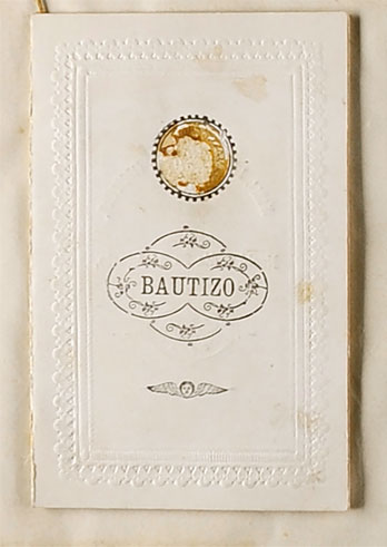 Portada de la tarjeta del bautizo de María Arostegui Lama, 1880.
