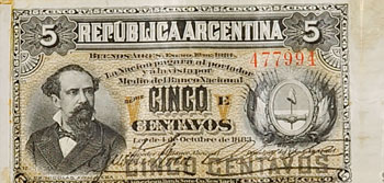 Billete de 5 centavos emitido por el Banco Nacional de Argentina,1883.