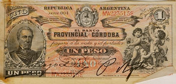 Billete de 1 peso  emitido por el Banco Nacional de Argentina, 1888.