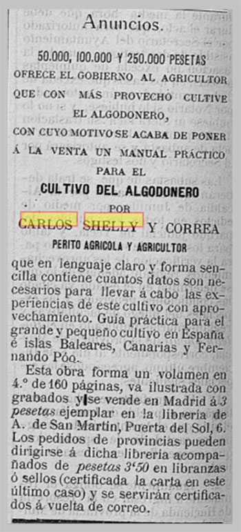Propaganda oficial para promocionar el cultivo del algodón y el libro de Carlos Shelly Correa.