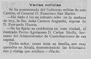 Carlos Shelly Correa, en 1908, fijó su domicilio habitual en la población de Alcalá de Henares.