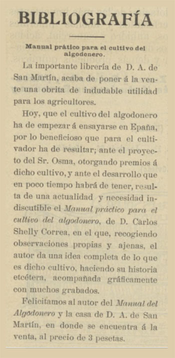 Anuncio de diversos premios relacionados con el cultivo del algodón y del libro de Carlos Shelly Correa.