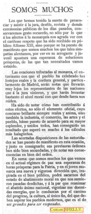 Carlos Shelly Correa se manifestó abiertamente defensor de la llegada de la monarquía de Alfonso XIII.