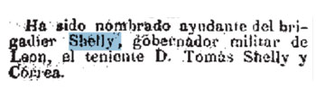 Noticia del nombramiento del teniente Tomás Shelly Correa como ayudante de campo de su padre, el brigadier Tomás Shelly Calpena.