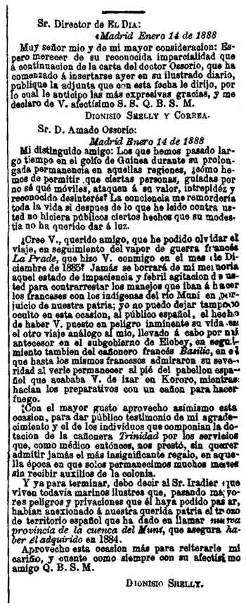 Carta de Dionisio Shelly en la prensa defendiendo al Sr. Osorio de las injurias que considera le ha proferido Manuel Iradier.