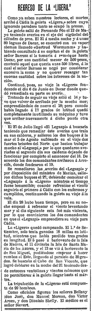 Nota de prensa contando la avería de la goleta <i>Ligera</i>, en 1887. Dionisio Shelly Correa era oficial la misma y su madre recortó y guardó la noticia.