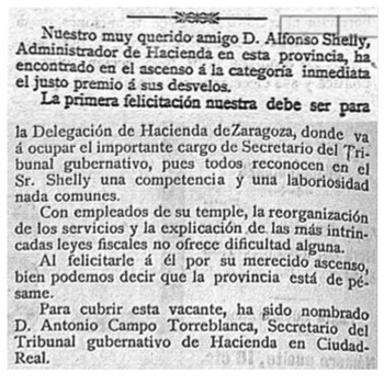 Noticia sobre el ascenso y traslado de Alfonso Shelly Correa como Administrador de Hacienda en Zaragoza.