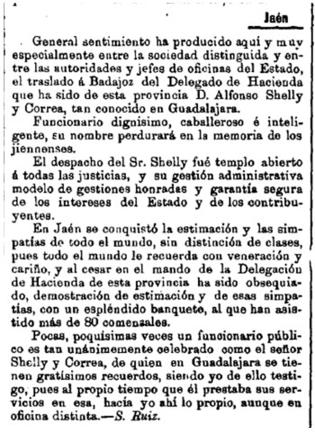 Nota de prensa loando la profesionalidad de Alfonso Shelly al dejar su plaza en Jaén para ocupar una en Badajoz.