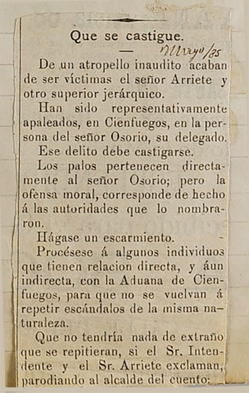 Noticia, en prensa cubana no identificada, en la que se denuncia el comportamiento del delegado de Hacienda de Cienfuegos, 1885.