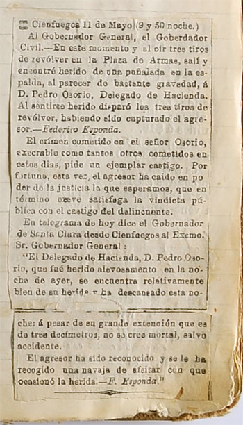 Noticia, en prensa cubana no identificada, sobre el atentado sufrido por el Sr. Osorio, delegado de hacienda, en Cienfuegos, 1885.