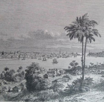 <b>1)</b> Vista panorámica de la ciudad y puerto de La Habana en Cuba, 1870.