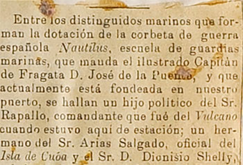 Noticia de prensa en la que se habla del viaje de Dionisio Shelly Correa a bordo del <i>Nautilus</i>, cuando fondeó en Tenerife.
