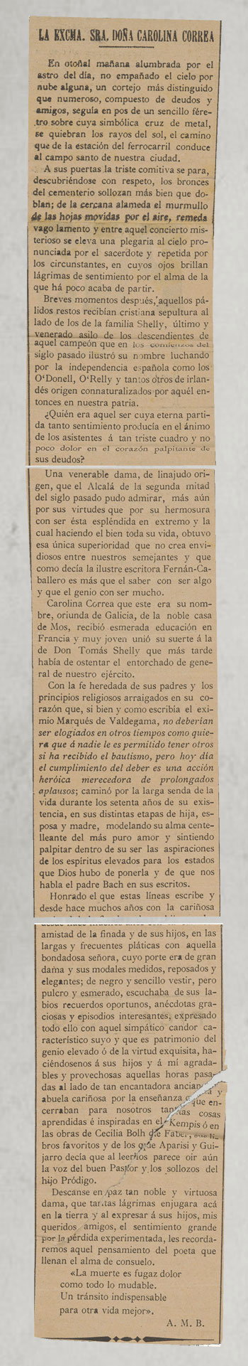 Obituario de Carolina Correa Sotomayor en publicación desconocida.