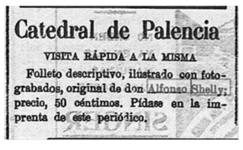 Publicidad en la prensa del libro de Alfonso Shelly sobre la Catedral de Palencia.