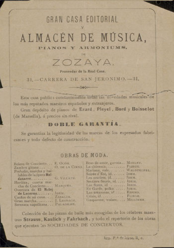 Anverso de la partitura del Coro de Muchachos de la obra Los Fusileros, escrita por F.A. Barbieri.