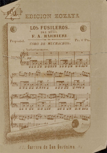 Reverso de la partitura del Coro de Muchachos de la obra Los Fusileros, escrita por F.A. Barbieri.