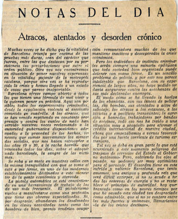 Noticia de fuente desconocida resaltando la situación de violencia a principios del año 1933.