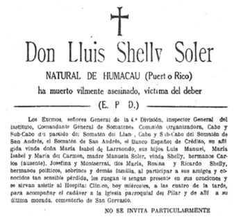 (3) Esquela de Luís Shelly Soler convocando a acompañar su cadáver desde el Hospital Clínico hasta la parroquia del Pilar.