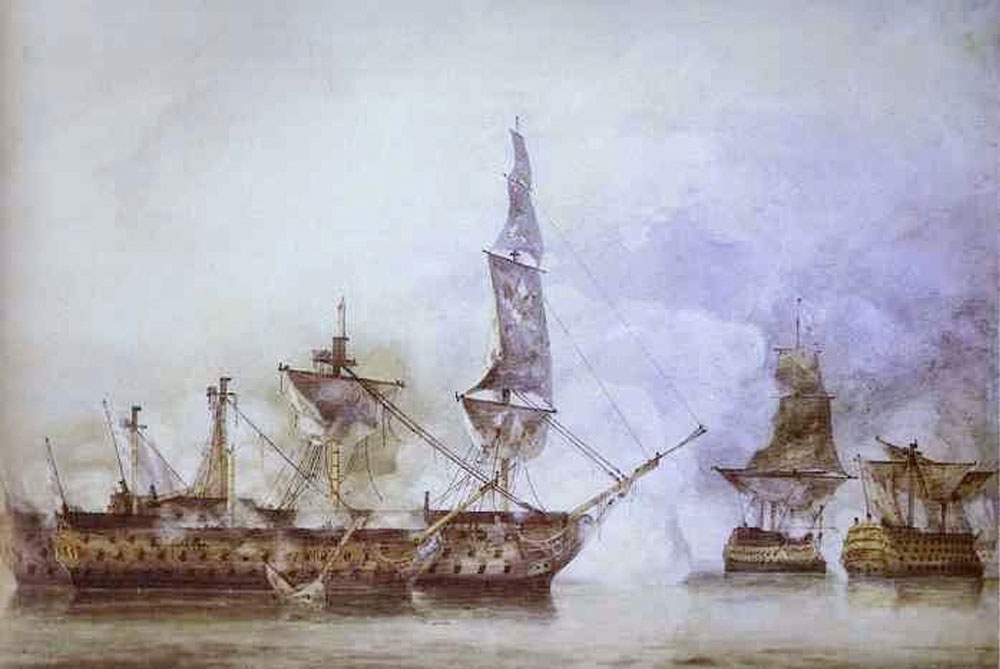 <b>2)</b> Alianza de España y Francia contra Inglaterra. Derrota española ante Inglaterra en la batallas del Cabo San Vicente (1797), y en la de Trafalgar (1805).
