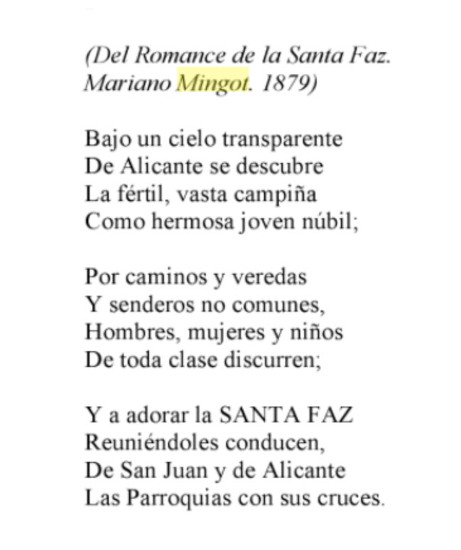 <b>2)</b> Extracto del Romance de la Santa Faz escrito por Mariano Mingot Valls, marido de Enriqueta Shelly Calpena.