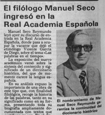 Noticia sobre el ingreso de Manuel Seco Reymundo, bisnieto de Elena Shelly Calpena, en la Real Academia Española.