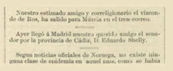 Anuncio de la llegada a Madrid de Antonio Eduardo Shelly Calpena para tomar posesión de su cargo de senador.