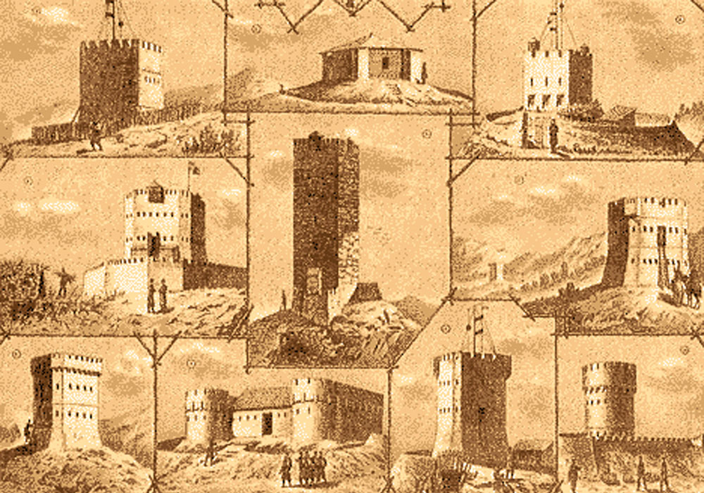 <b>1)</b> Diversas torres españolas de telegrafos ópticos.