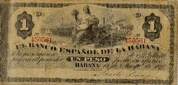 Billete de 1 peso del Banco español de La Habana, Cuba (1870).