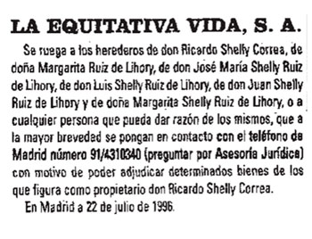 Nota de prensa requiriendo razón de algún heredero de Ricardo Shelly Correa, de su esposa o de sus cuatro hijos.