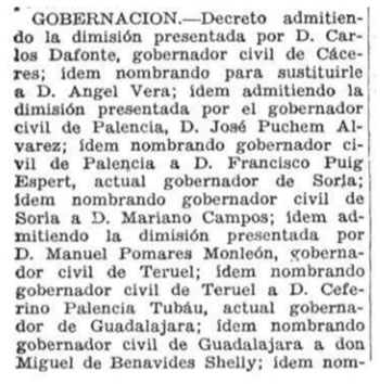 Noticia sobre el nombramiento de Miguel Benavides Shelly, hijo de Manuela Shelly Fernández de Córdoba, como gobernador civil de Guadalajara en 1932.