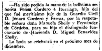 Anuncio del compromiso y boda de Manuel Benavides Shelly, hijo de Teresa Shelly Fernández de Córdoba.