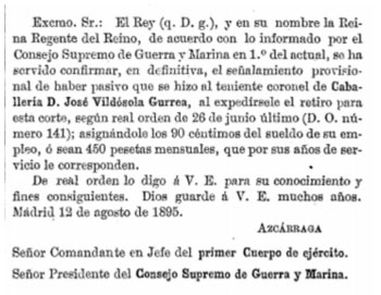 Comunicación del sueldo de jubilación que le correspondió a José Vildósola Gurrea, marido de Teresa Shelly y Fernández de Córdoba.