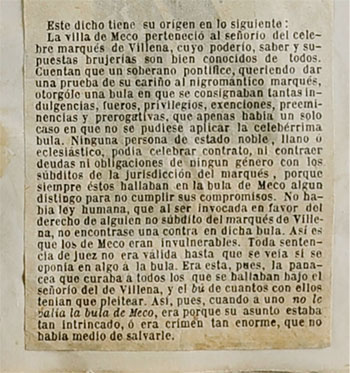 Recorte de periódico hablando de la bula de Meco, municipio cercano a Alcalá de Henares.