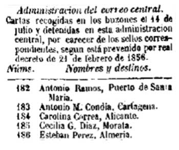 Aviso de la Administración de Correos, dirigido a Carolina Correa Sotomayor, sobre retención de correspondencia en Alicante.