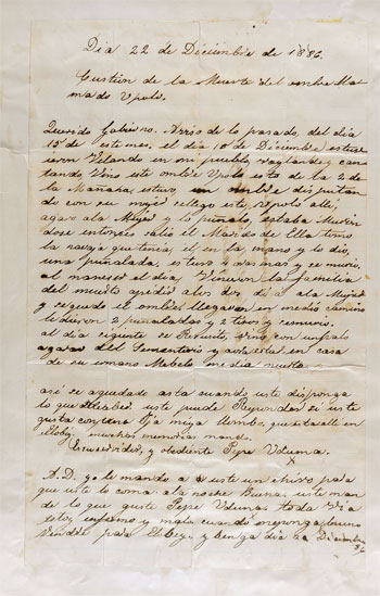 Carta supuestamente enviada a Dionisio en su condición de subgobernador de Elobey informando de un crimen.