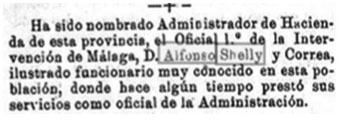 Noticia sobre el nombramiento de Alfonso Shelly Correa como Administrador de Hacienda en Málaga.