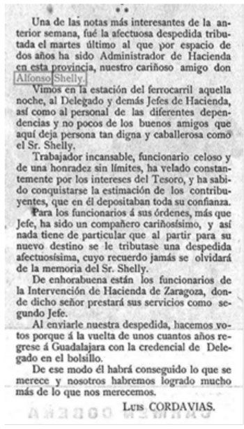 Nota de prensa sobre la despedida dada Alfonso Shelly en Guadalajara al obtener una nueva plaza y destino.