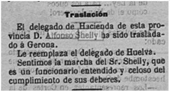 Noticia sobre el traslado de Alfonso Shelly Correa a Gerona.