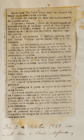 Noticia, de prensa no identificada, sobre el accidente, en Arévalo, del tren en el que viajaba Alfonso Shelly Correa, en 1898.