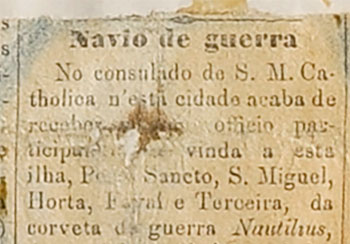 Noticia en la prensa portuguesa, sin identificar, en la que se habla del viaje de Dionisio Shelly Correa a bordo del <i>Nautilus</i>.