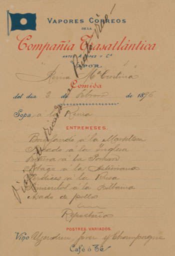 Carta del restaurante del vapor <i>Reina Cristina</i> en el que Ricardo Shelly Correa viajó rumbo a Puerto Rico, en 1896.