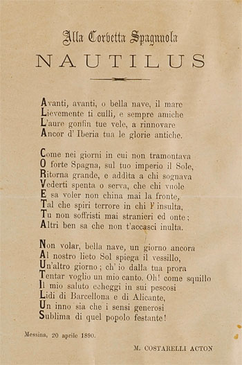Poesía dedicada al <i>Nautilus</i> de M. Costarelli Acton, 1890