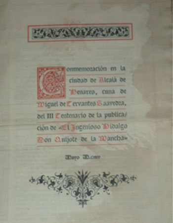 <b>2)</b> Primera página del programa de fiestas del tricentenario de la publicación de El Quijote, en Alcalá de Henares (1905).