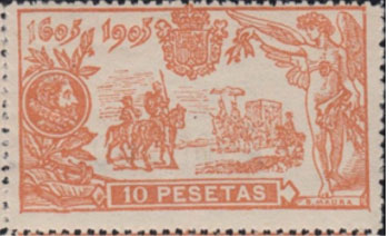 <b>1)</b> Sello de correo postal emitido en el año 1905 para conmemorar el tricentenario de la publicación de El Quijote.