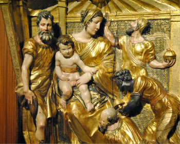 <b>1)</b> Adoración de los Reyes Magos, escultura en madera policromada de Alfonso González Berruguete. Museo Nacional de Escultura de Valladolid.