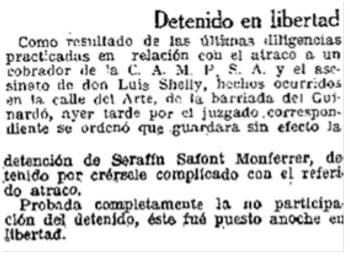 Nota de prensa anunciando la liberación del primer inculpado por el asesinato de Luís Shelly Soler.