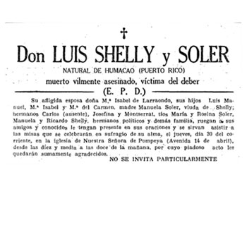 (1) Esquela de Luís Shelly Soler en la que su familia anuncia la celebración de una misa en sufragio de su alma.